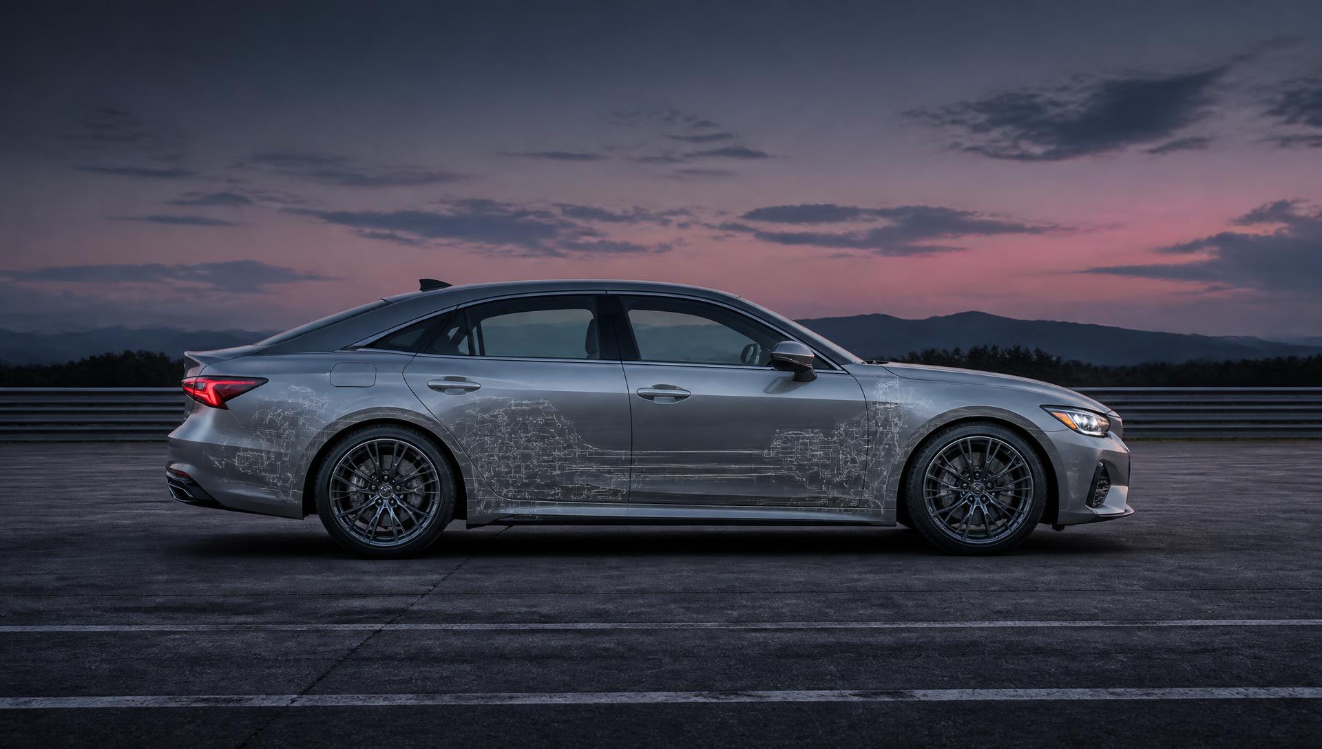 Silver sedan on a test track at dusk